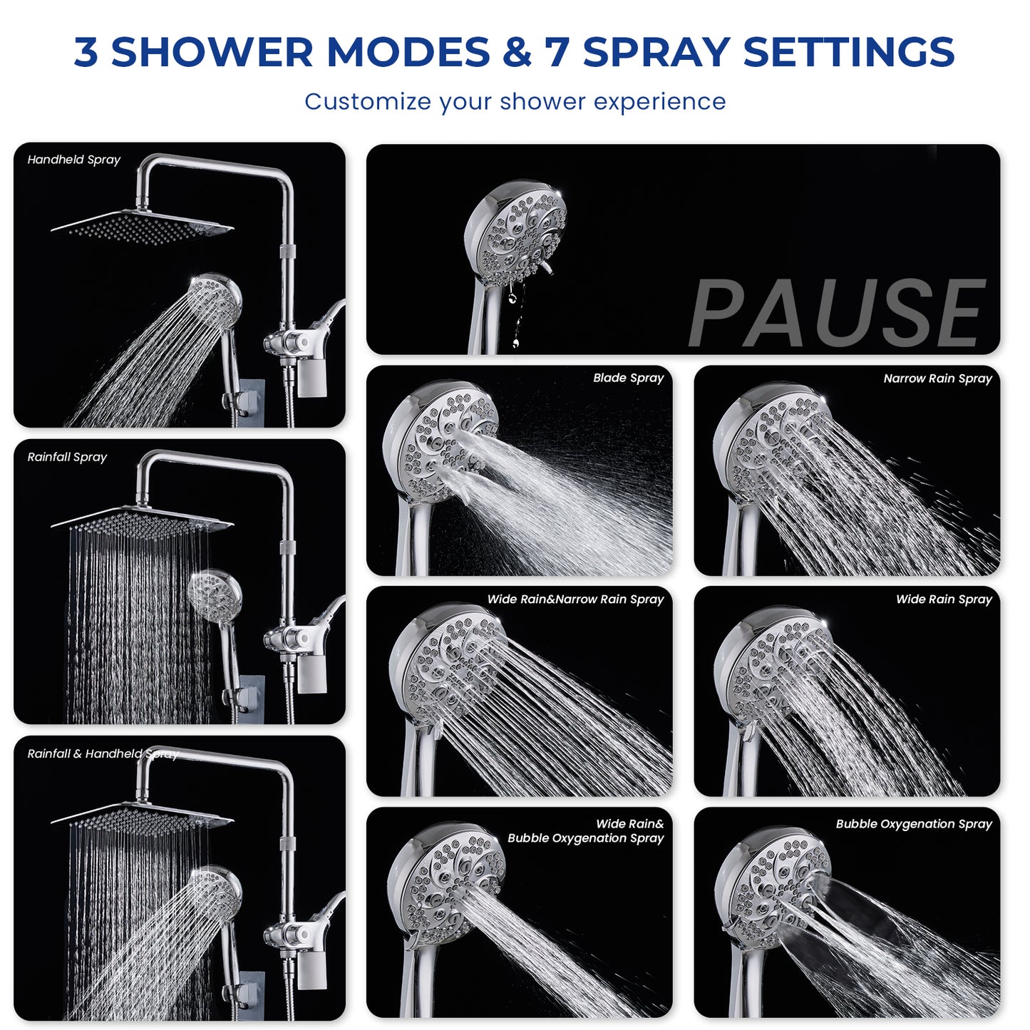 10-Inch RYAMEN Upgraded Dual Shower Heads Combo, 10 inch Filtered Shower Head with Handheld, 3-Way Rain Shower Head with Filters 2.5 GPM (Except California), 7 Settings Handheld Spray, High Pressure, Height Adjustable (Black)/（Chrome Silver）