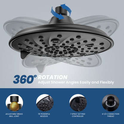 8-Inch Large Rain Shower Head, High Pressure Shower Head with 7 Spray Settings, Fixed Shower Head with 1-Min Installation, Full Coverage Flame Plating, Easy to Clean, Black