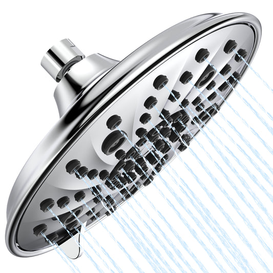 8-Inch Large Rain Shower Head, High Pressure Shower Head with 7 Spray Settings, Fixed Shower Head with 1-Min Installation, Full Coverage Chrome Finish, Easy to Clean, Silver