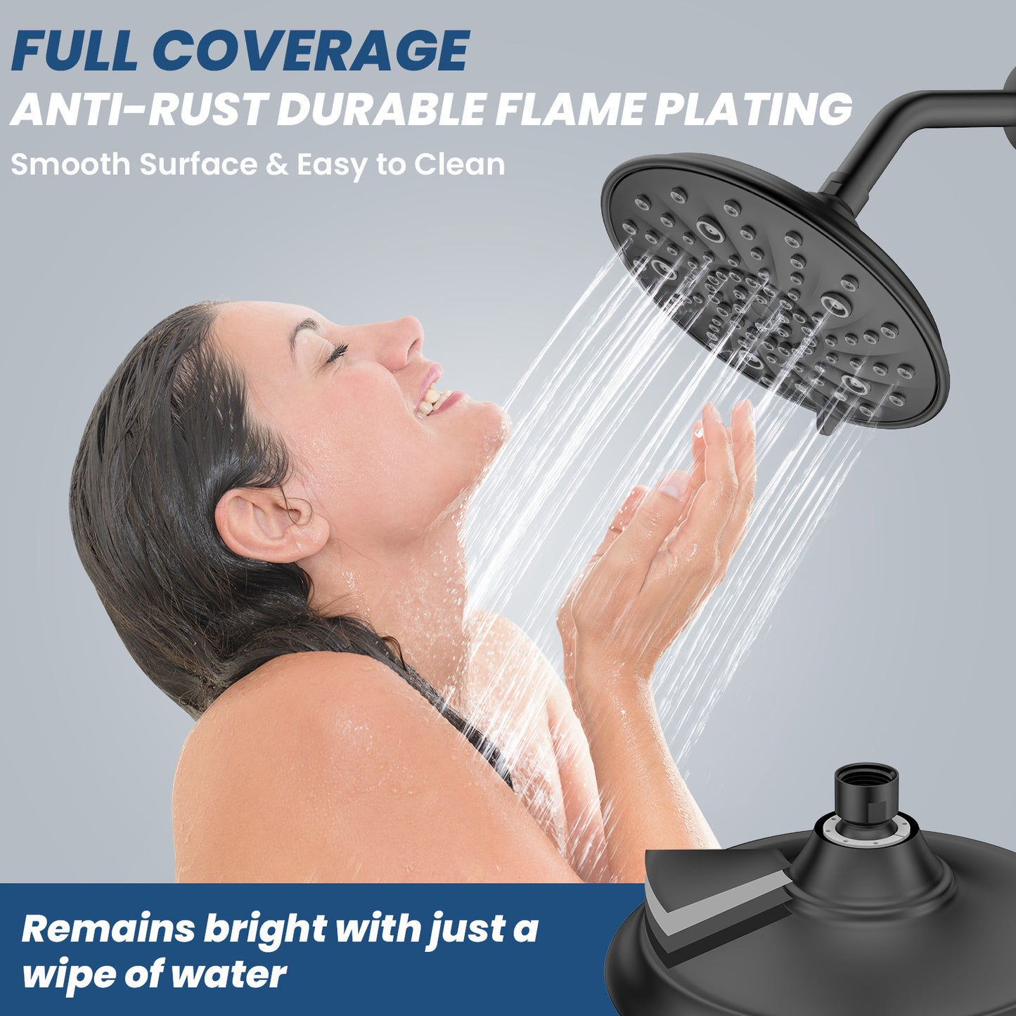 8-Inch Large Rain Shower Head, High Pressure Shower Head with 7 Spray Settings, Fixed Shower Head with 1-Min Installation, Full Coverage Flame Plating, Easy to Clean, Black