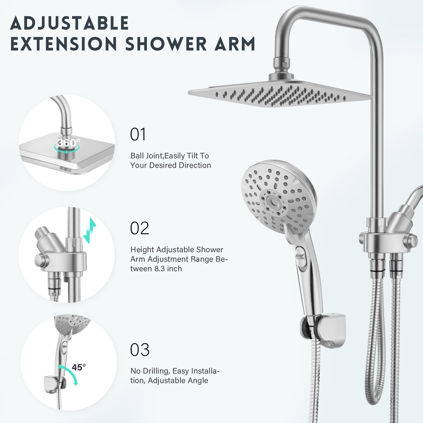 Ryamen Dual Shower Head Combo, 8'' High Pressure Rain/Rainfall Shower Head,5 Settings Adjustable Handheld Showers,with 15" Height Adjustable Slide Bar,Holder/Hose, Angle Adjustable, Chrome