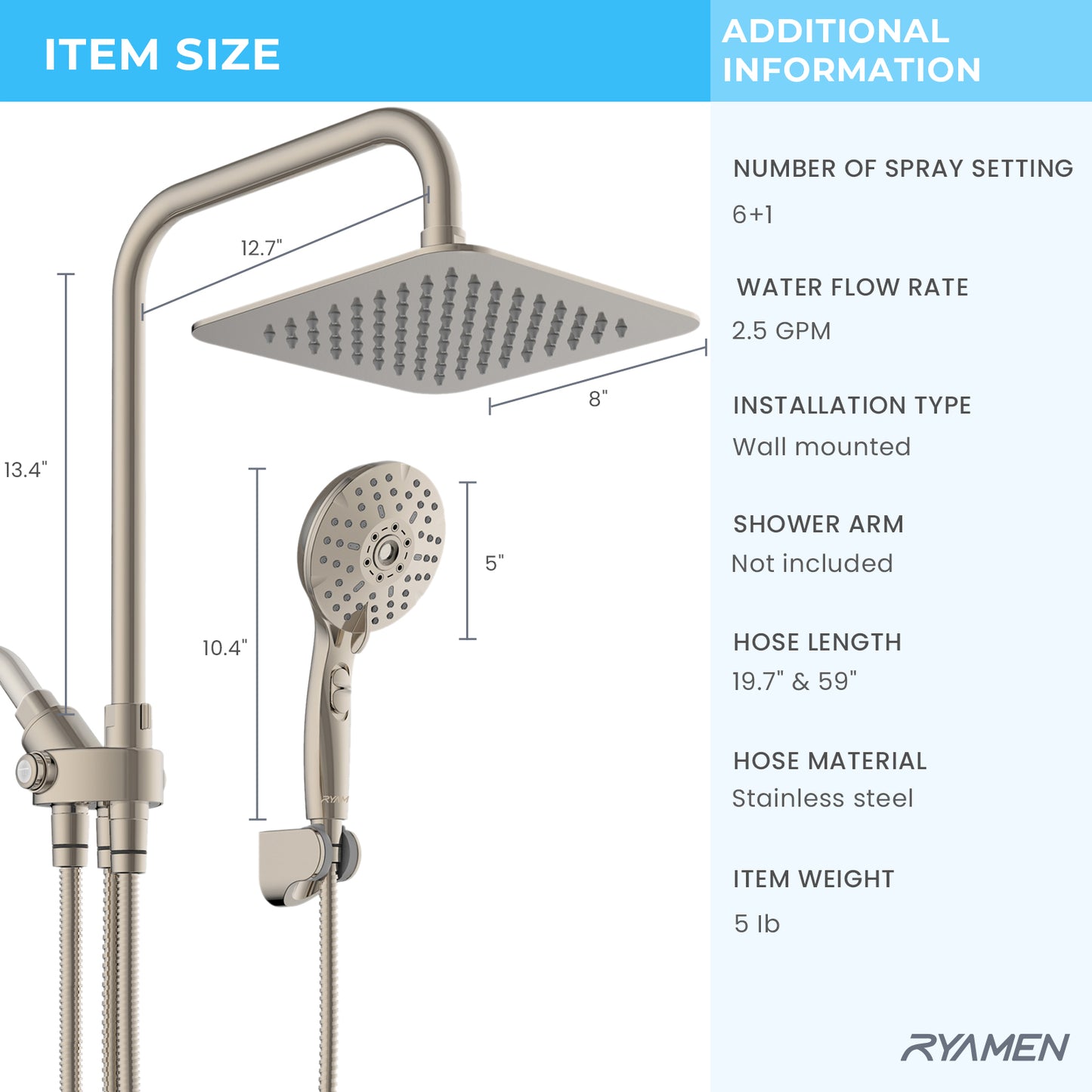 8-Inch RYAMEN Dual Shower Head Combo, Brushed Nickel 8'' High Pressure Rain/Rainfall Shower Head 2.5 GPM (Besides California),5 Settings Adjustable Handheld Showers,with 15" Height Adjustable Slide Bar,Holder/59’‘ Hose