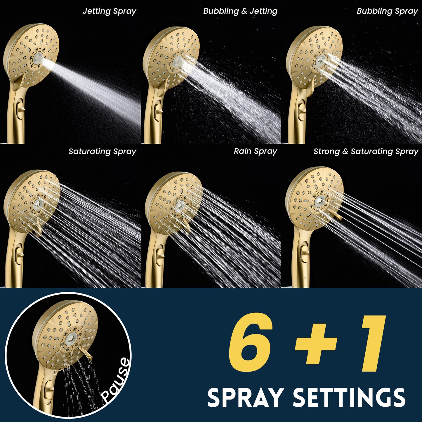 RYAMEN Dual Shower Head Combo, Gold 8'' High Pressure Rain/Rainfall Shower Head 2.5 GPM (Except California),5 Settings Adjustable Handheld Showers,with 15" Height Adjustable Slide Bar,Holder/59’‘ Hose