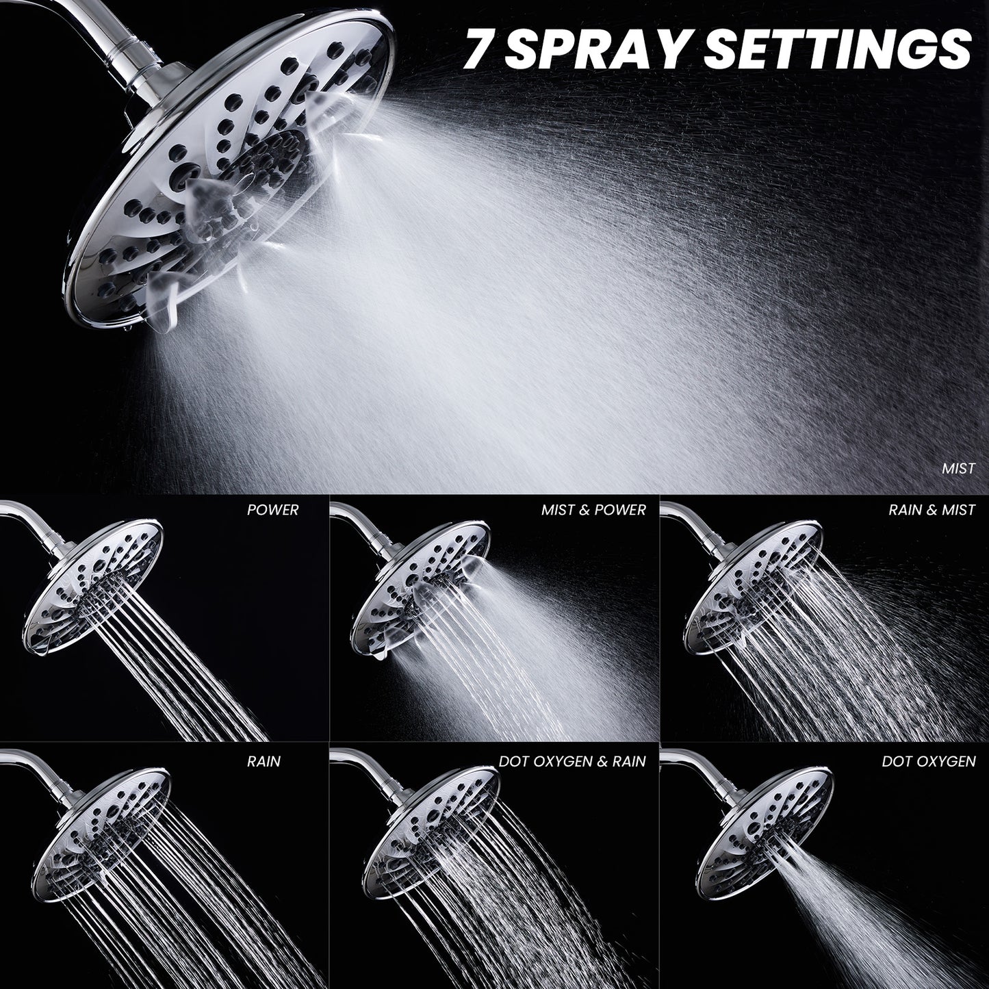 8-Inch Large Rain Shower Head, High Pressure Shower Head with 7 Spray Settings, Fixed Shower Head with 1-Min Installation, Full Coverage Chrome Finish, Easy to Clean, Silver