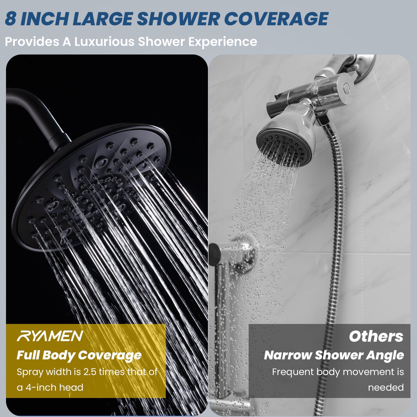 8-Inch Large Rain Shower Head, High Pressure Shower Head with 7 Spray Settings, Fixed Shower Head with 1-Min Installation, Full Coverage Flame Plating, Easy to Clean, Black