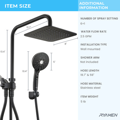 8-Inch RYAMEN Dual Shower Head Combo, Black and Oil Rubbed Bronze 8'' High Pressure Rain/Rainfall Shower Head 2.5 GPM (Except California),5 Settings Adjustable Handheld Showers,with 15" Height Adjustable Slide Bar,Holder/Hose
