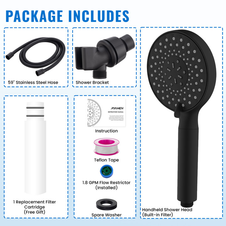Ryamen Filtered Shower Head with Handheld, High Pressure 9-Spray Modes Detachable Shower Head with Filter for Hard Water-Remove Chlorine & Impurities, Improve Skin & Hair Health