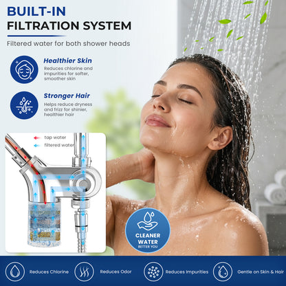 10-Inch RYAMEN Upgraded Dual Shower Heads Combo, 10 inch Filtered Shower Head with Handheld, 3-Way Rain Shower Head with Filters 2.5 GPM (Except California), 7 Settings Handheld Spray, High Pressure, Height Adjustable (Black)/（Chrome Silver）