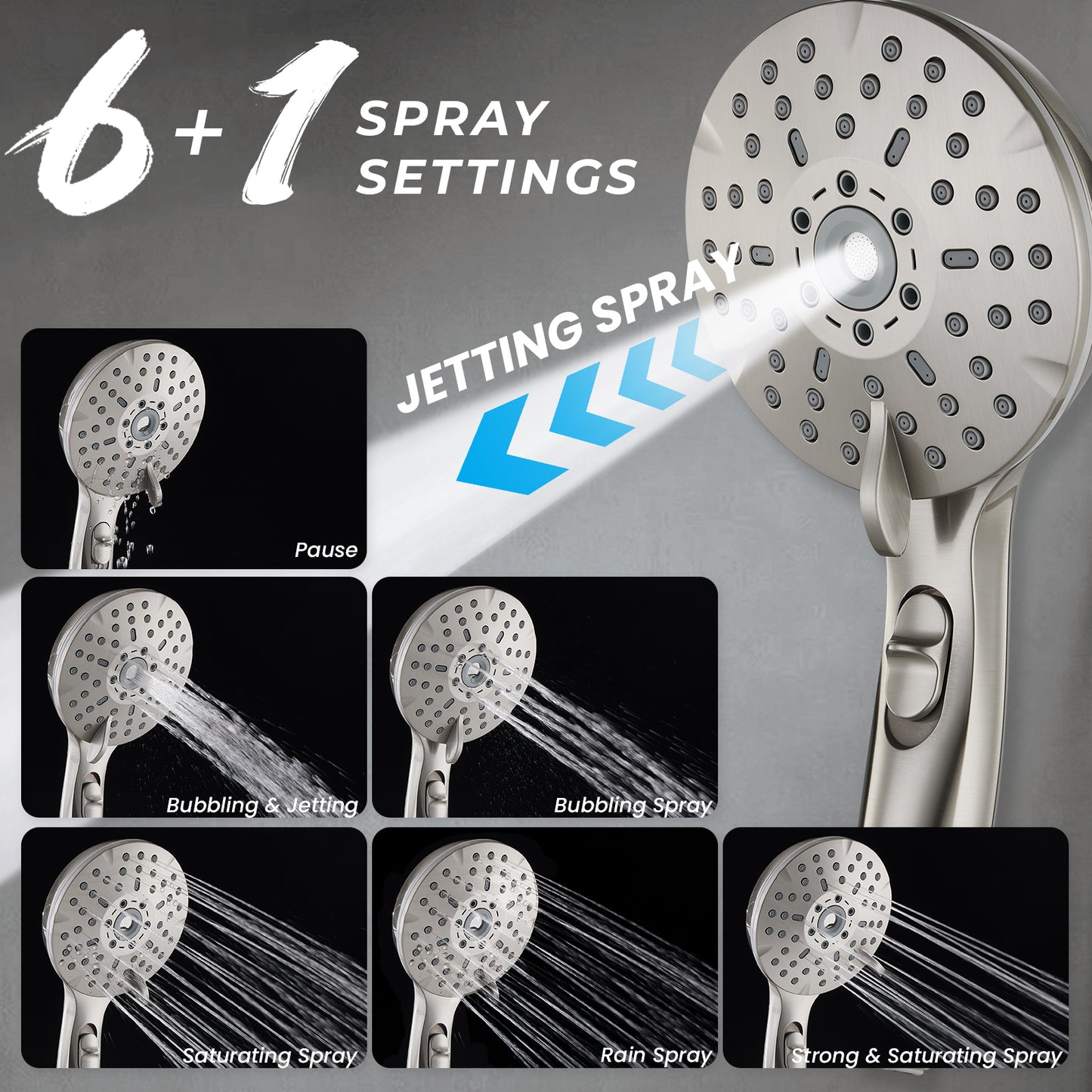 8-Inch RYAMEN Dual Shower Head Combo, Brushed Nickel 8'' High Pressure Rain/Rainfall Shower Head 2.5 GPM (Besides California),5 Settings Adjustable Handheld Showers,with 15" Height Adjustable Slide Bar,Holder/59’‘ Hose