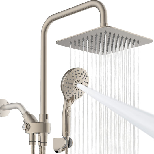 8-Inch RYAMEN Dual Shower Head Combo, Brushed Nickel 8'' High Pressure Rain/Rainfall Shower Head 2.5 GPM (Besides California),5 Settings Adjustable Handheld Showers,with 15" Height Adjustable Slide Bar,Holder/59’‘ Hose