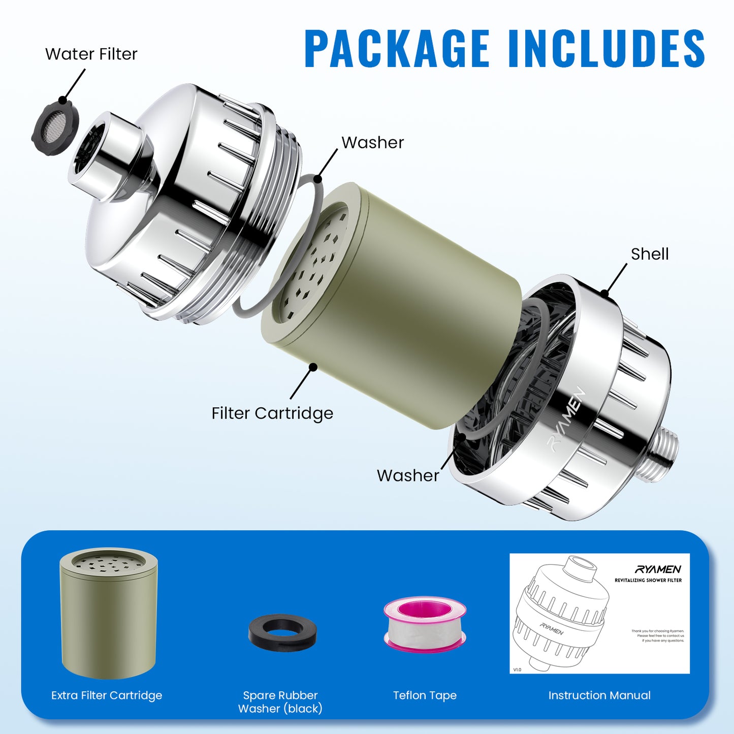 Shower Head Filter for Hard Water 20-Stage, Remove Heavy Metals, Chlorine & More – High Output, Enhanced Filtration for Healthier Skin and Hair (Silver)