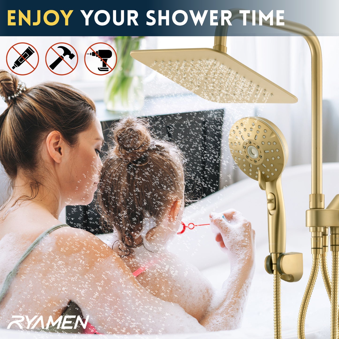 RYAMEN Dual Shower Head Combo, Gold 8'' High Pressure Rain/Rainfall Shower Head 2.5 GPM (Except California),5 Settings Adjustable Handheld Showers,with 15" Height Adjustable Slide Bar,Holder/59’‘ Hose