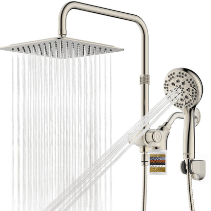 10-Inch RYAMEN Upgraded Dual Shower Heads Combo, 10 inch Filtered Shower Head with Handheld, 3-Way Rain Shower Head with Filters 2.5 GPM (Except California), 7 Settings Handheld Spray, High Pressure, Height Adjustable (Black)/（Chrome Silver）