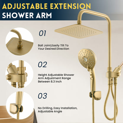 RYAMEN Dual Shower Head Combo, Gold 8'' High Pressure Rain/Rainfall Shower Head 2.5 GPM (Except California),5 Settings Adjustable Handheld Showers,with 15" Height Adjustable Slide Bar,Holder/59’‘ Hose