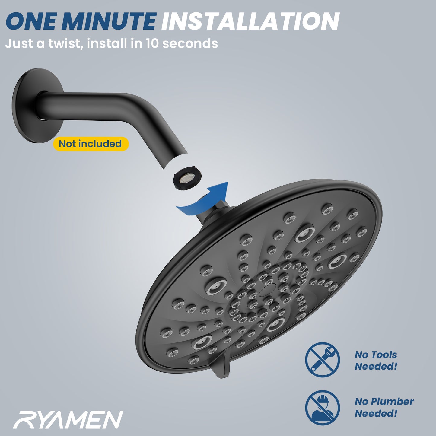 8-Inch Large Rain Shower Head, High Pressure Shower Head with 7 Spray Settings, Fixed Shower Head with 1-Min Installation, Full Coverage Flame Plating, Easy to Clean, Black