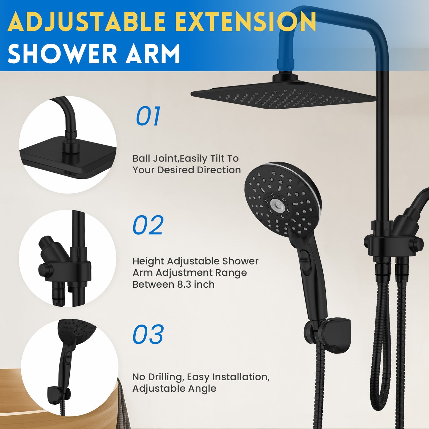 RYAMEN Dual Shower Head Combo, Black and Oil Rubbed Bronze 8'' High Pressure Rain/Rainfall Shower Head 2.5 GPM (Except California),5 Settings Adjustable Handheld Showers,with 15" Height Adjustable Slide Bar,Holder/Hose