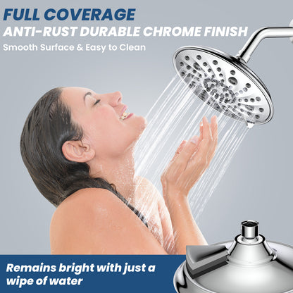 8-Inch Large Rain Shower Head, High Pressure Shower Head with 7 Spray Settings, Fixed Shower Head with 1-Min Installation, Full Coverage Chrome Finish, Easy to Clean, Silver