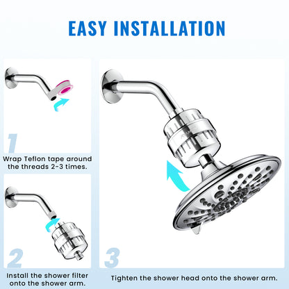Shower Head Filter for Hard Water 20-Stage, Remove Heavy Metals, Chlorine & More – High Output, Enhanced Filtration for Healthier Skin and Hair (Silver)