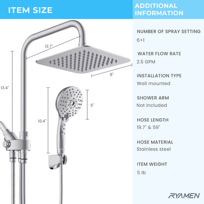 8-Inch RYAMEN Dual Shower Head Combo, 8'' High Pressure Rain/Rainfall Shower Head 2.5 GPM  (Except California),5 Settings Adjustable Handheld Showers,with 15" Height Adjustable Slide Bar,Holder/Hose, Angle Adjustable, Chrome