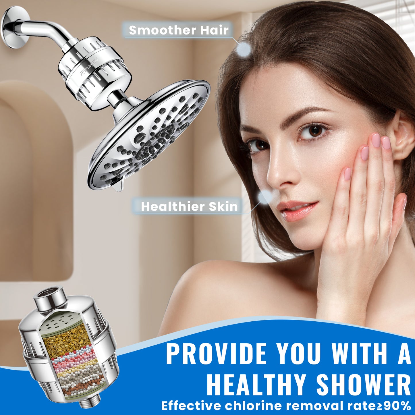 Shower Head Filter for Hard Water 20-Stage, Remove Heavy Metals, Chlorine & More – High Output, Enhanced Filtration for Healthier Skin and Hair (Silver)