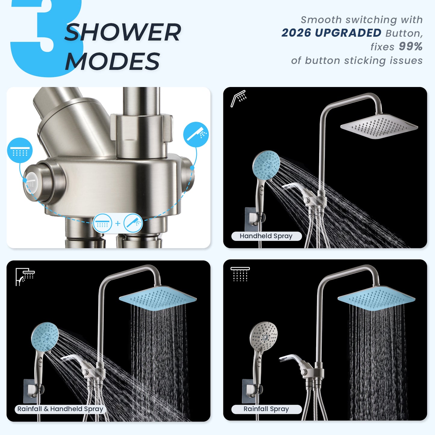 8-Inch RYAMEN Dual Shower Head Combo, Brushed Nickel 8'' High Pressure Rain/Rainfall Shower Head 2.5 GPM (Besides California),5 Settings Adjustable Handheld Showers,with 15" Height Adjustable Slide Bar,Holder/59’‘ Hose