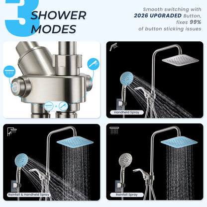 8-Inch RYAMEN Dual Shower Head Combo, Brushed Nickel 8'' High Pressure Rain/Rainfall Shower Head 2.5 GPM (Besides California),5 Settings Adjustable Handheld Showers,with 15" Height Adjustable Slide Bar,Holder/59’‘ Hose