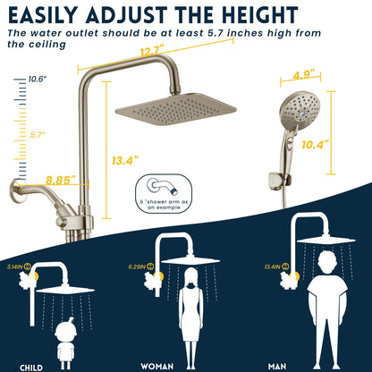 RYAMEN Dual Shower Head Combo, Brushed Nickel 8'' High Pressure Rain/Rainfall Shower Head 2.5 GPM (Besides California),5 Settings Adjustable Handheld Showers,with 15" Height Adjustable Slide Bar,Holder/59’‘ Hose