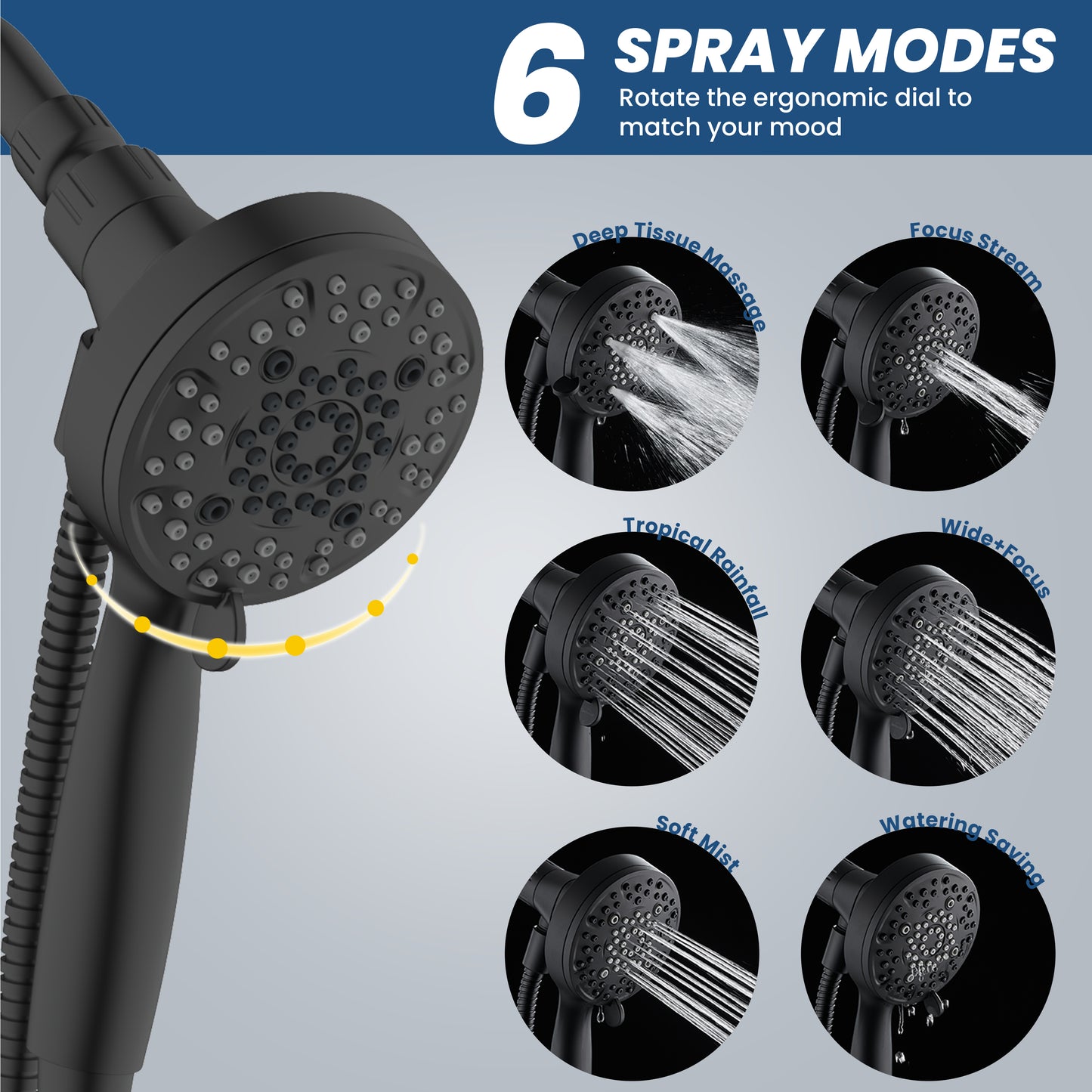 Magnetic Shower Head with Handheld, High Pressure - 6 Spray Modes Handheld Shower Head, Eco-Friendly Magnetic Docking System, 70" Stainless Steel Hose, Tool Free Installation, Matte Black