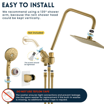 RYAMEN Dual Shower Head Combo, Gold 8'' High Pressure Rain/Rainfall Shower Head 2.5 GPM (Except California),5 Settings Adjustable Handheld Showers,with 15" Height Adjustable Slide Bar,Holder/59’‘ Hose