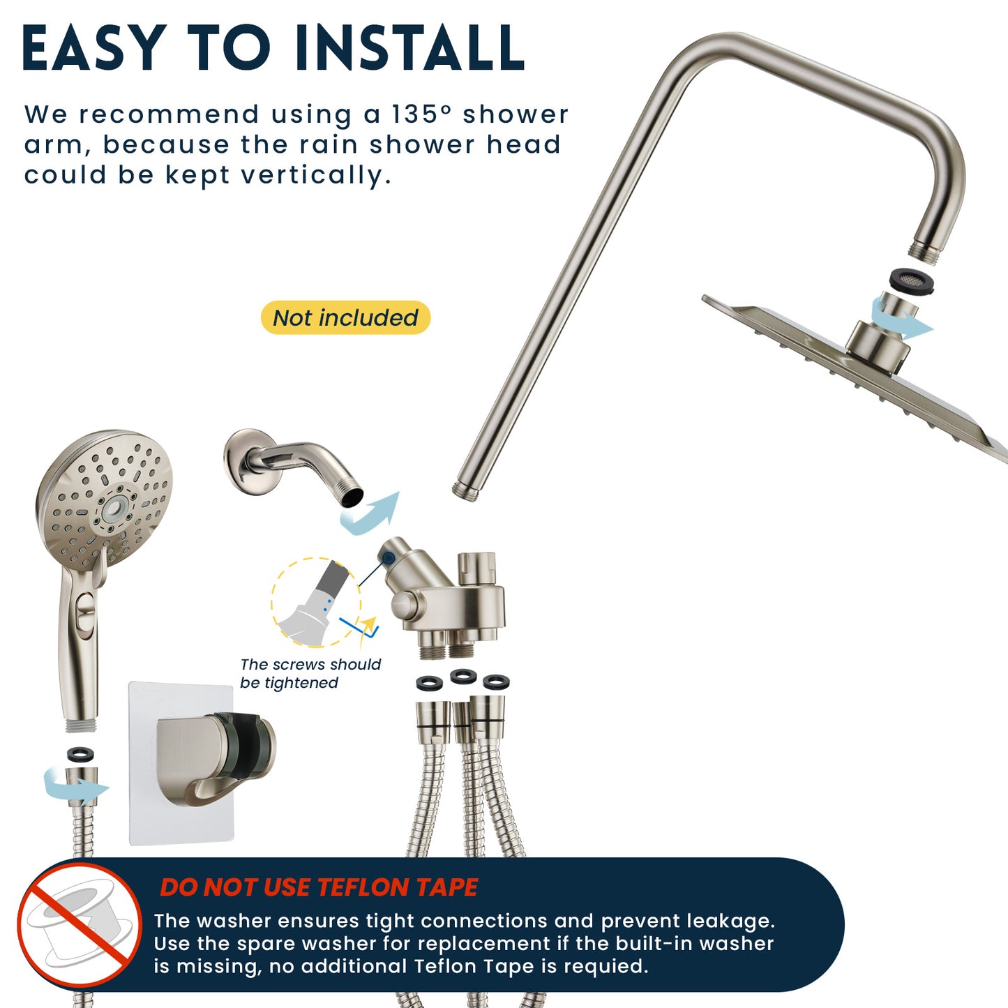 RYAMEN Dual Shower Head Combo, Brushed Nickel 8'' High Pressure Rain/Rainfall Shower Head 2.5 GPM (Besides California),5 Settings Adjustable Handheld Showers,with 15" Height Adjustable Slide Bar,Holder/59’‘ Hose