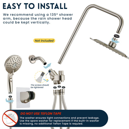 RYAMEN Dual Shower Head Combo, Brushed Nickel 8'' High Pressure Rain/Rainfall Shower Head 2.5 GPM (Besides California),5 Settings Adjustable Handheld Showers,with 15" Height Adjustable Slide Bar,Holder/59’‘ Hose