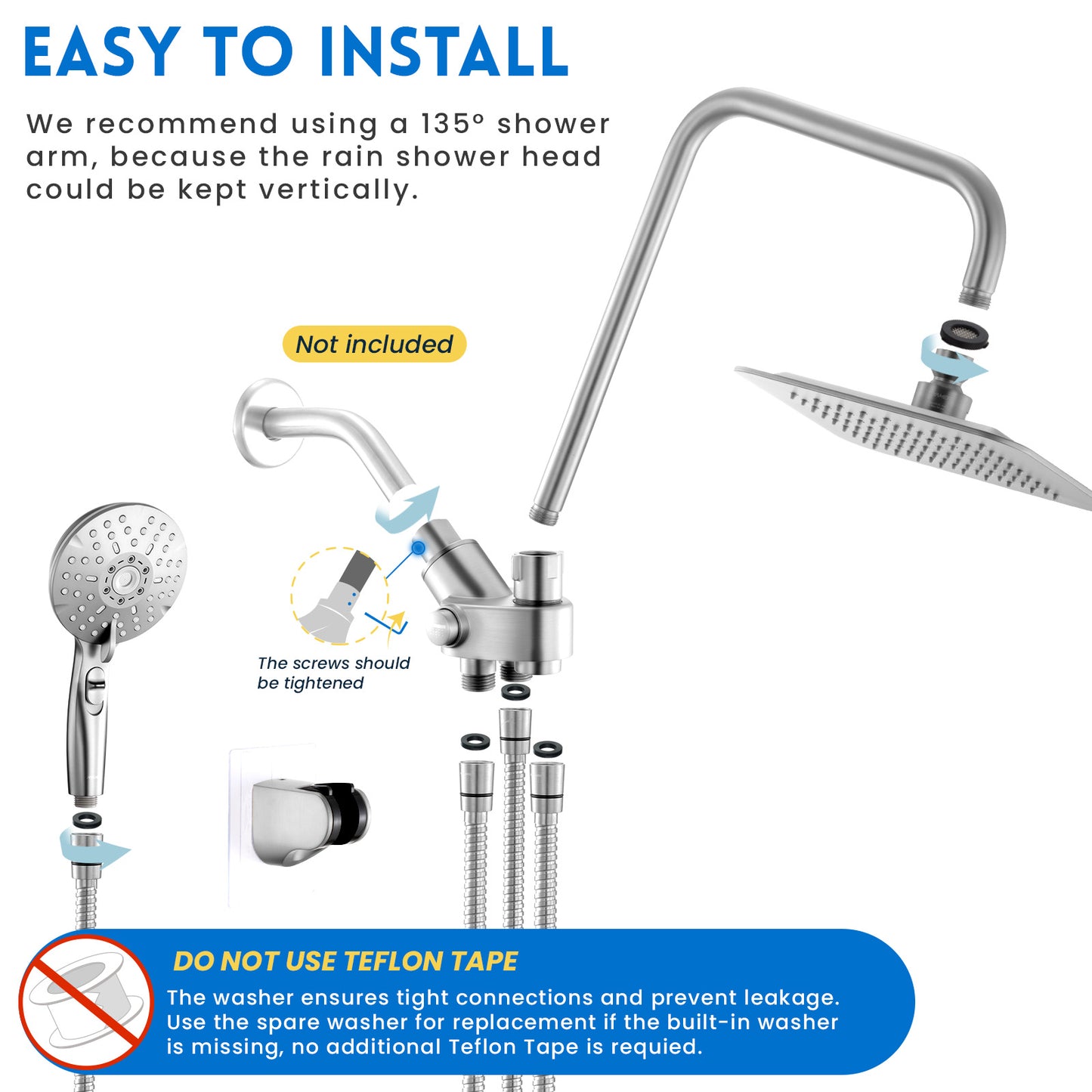 RYAMEN Dual Shower Head Combo, 8'' High Pressure Rain/Rainfall Shower Head 2.5 GPM  (Except California),5 Settings Adjustable Handheld Showers,with 15" Height Adjustable Slide Bar,Holder/Hose, Angle Adjustable, Chrome