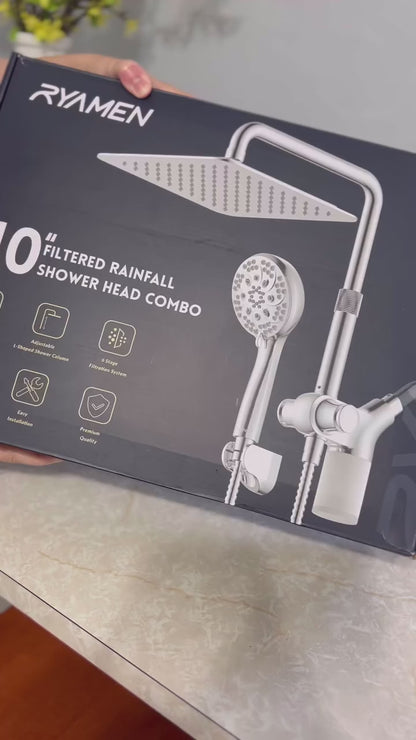 RYAMEN Upgraded Dual Shower Heads Combo, 10 inch Filtered Shower Head with Handheld, 3-Way Rain Shower Head with Filters 2.5 GPM (Except California), 7 Settings Handheld Spray, High Pressure, Height Adjustable (Black)/（Chrome Silver）